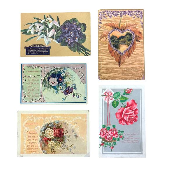 Antique Postcards Flowers Nature Lot of 5 Early 1900s Embossed Gilt Floral - Picture 1 of 16